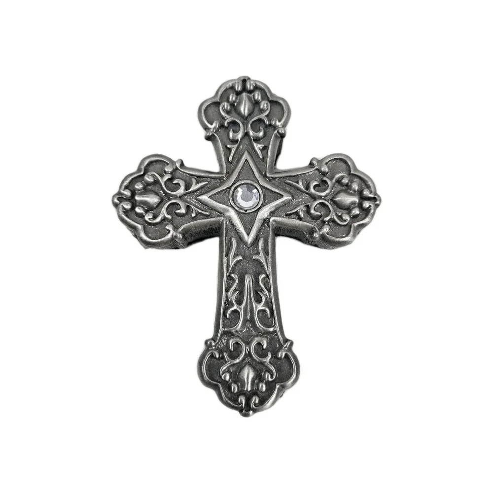 VTG  Pewter Color Ganz Cross Trinket Jewelry Prayer Box Black Enamel Lined MINT